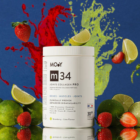 m34 PRO Colagen hidrolizat bovin premium, dovedit clinic, articulatii, 7.000mg tip I, II si III, aroma capsuni si lime, 30 portii, 390 g, Molecules of Youth, natural